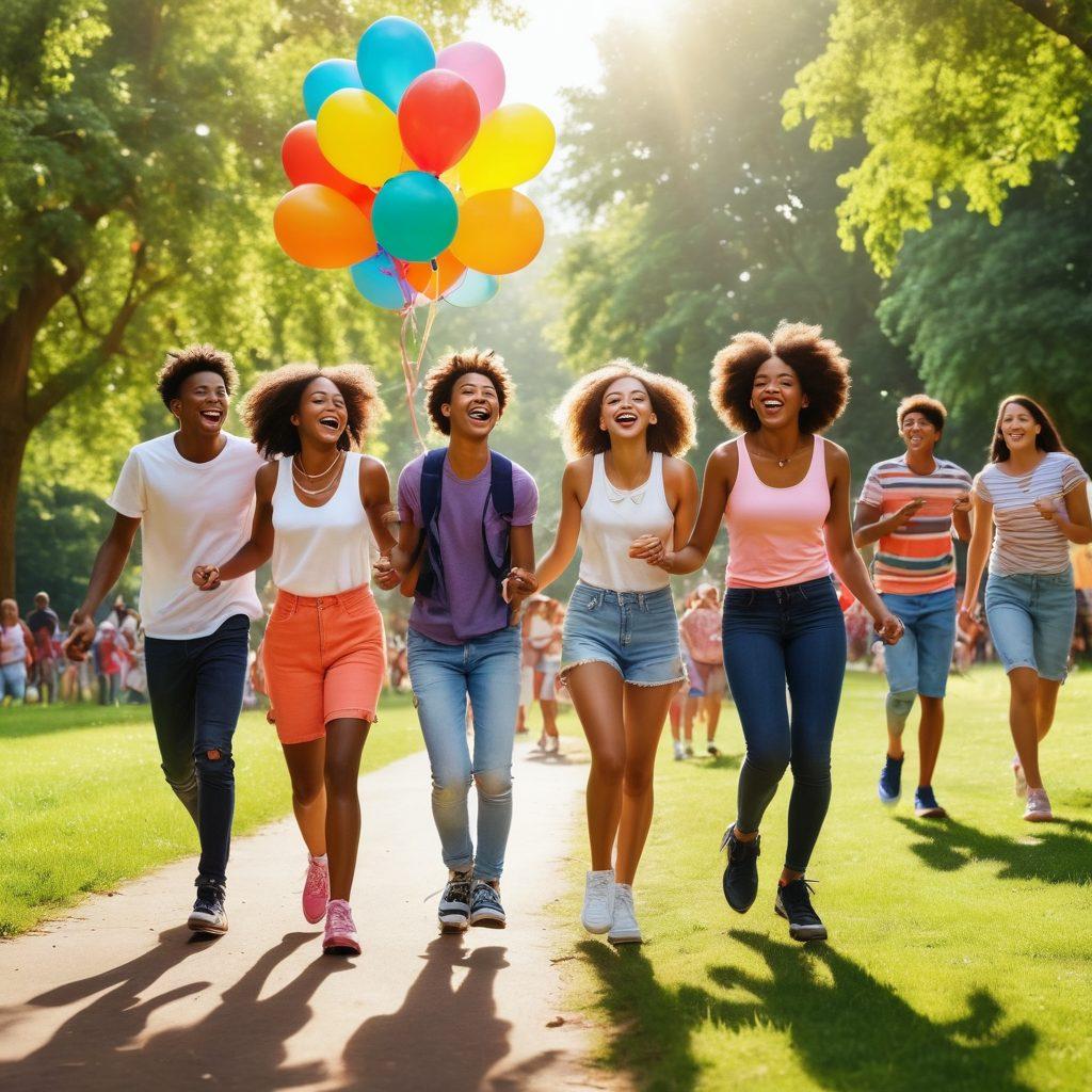 A vibrant scene featuring a diverse group of young people laughing and embarking on an adventure in a lush, sunlit park. Showcase activities like rollerblading, picnicking, and playing music, with colorful balloons and butterflies in the air. Capture the essence of joy and spontaneity, with bright colors and dynamic poses. super-realistic. vibrant colors. outdoors.